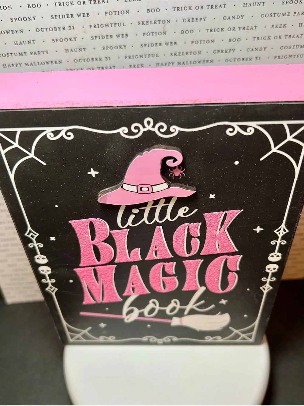 Little Black Magic Book Wooden Decor - Pink & Black Halloween Library Bookstore